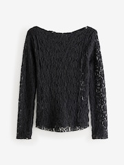 Black Slash Neck Long Sleeve Lace Top - Image 3 of 6