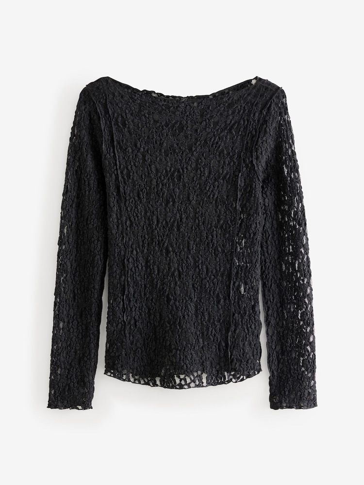 Black Slash Neck Long Sleeve Lace Top - Image 3 of 6