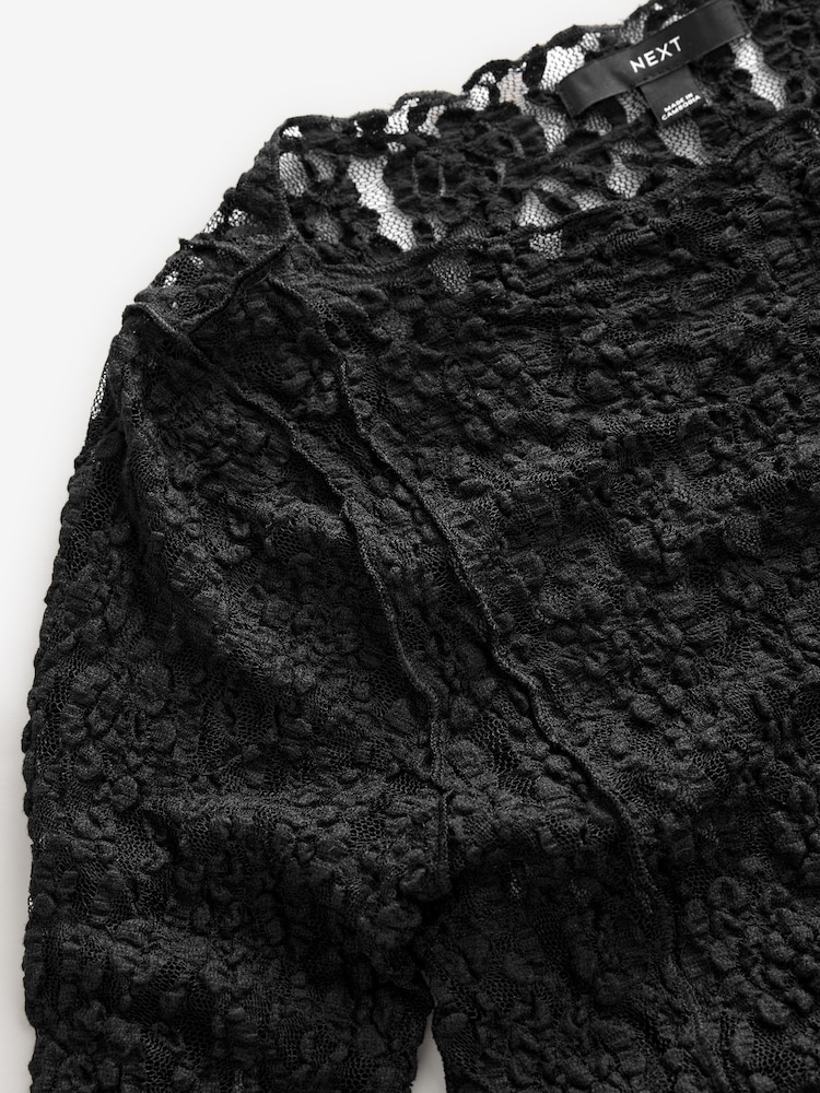 Black Slash Neck Long Sleeve Lace Top - Image 4 of 6