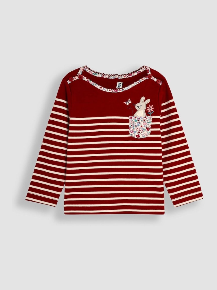 Розовый с кроликами - JoJo Maman Bébé Cotton Long Sleeve Pocket Breton Top - Изображение 1 из 3