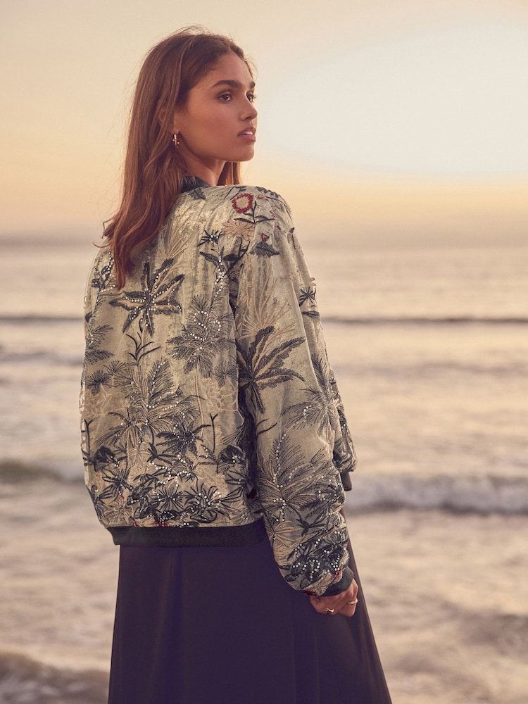 Gold Sparkle Palm Embroidered Bomber Jacket - Image 2 of 9