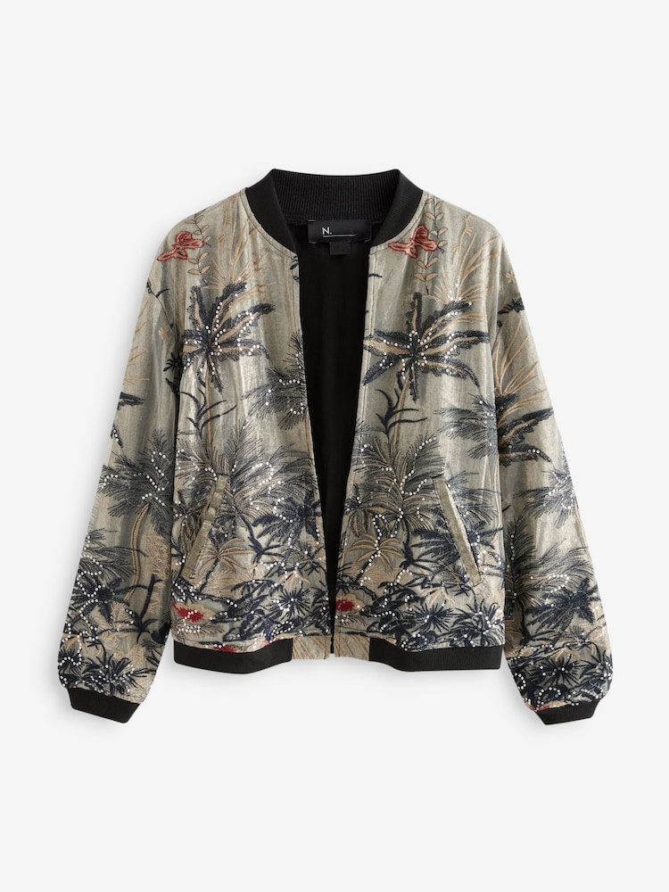 Buy Gold Sparkle Palm Embroidered Bomber Jacket from the Next UK - Main Image