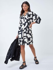 Roman Black Abstract Pocket Detail Cocoon Shirt Dress - Image 1 of 5