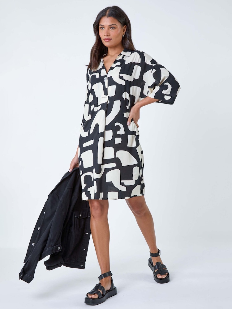 Roman Black Abstract Pocket Detail Cocoon Shirt Dress - Image 1 of 5
