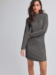 Silver Glitter Long Sleeve Glitter Jaquard Mini Dress - Image 1 of 7