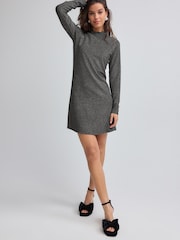 Silver Glitter Long Sleeve Glitter Jaquard Mini Dress - Image 2 of 7