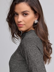 Silver Glitter Long Sleeve Glitter Jaquard Mini Dress - Image 5 of 7