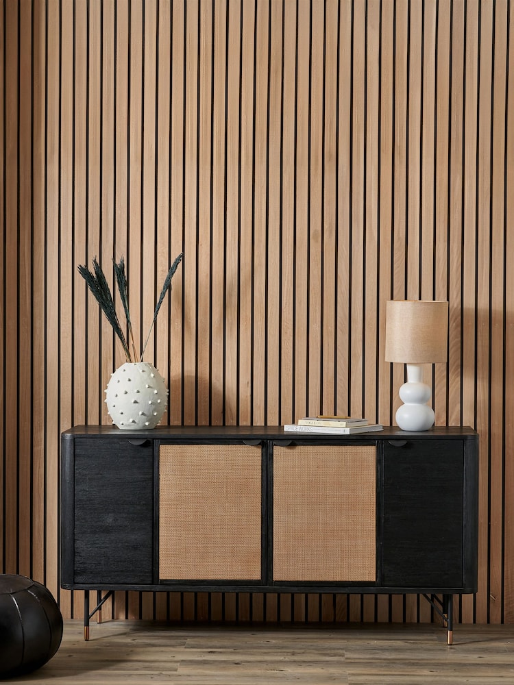 Pacific Black Fiji Acacia Wood and Rattan 4 Door Sideboard - Image 1 of 6