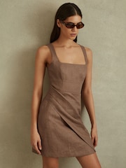 Reiss Brown Piper Linen Pleat Detail Mini Dress - Image 1 of 6
