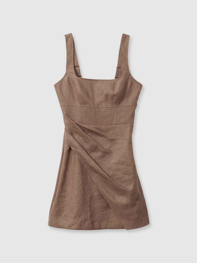 Reiss Brown Piper Linen Pleat Detail Mini Dress - Image 2 of 6