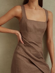 Reiss Brown Piper Linen Pleat Detail Mini Dress - Image 4 of 6
