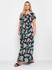 Yours Curve Black Black Floral Tropical Print Bardot Maxi Dress - Image 1 of 5