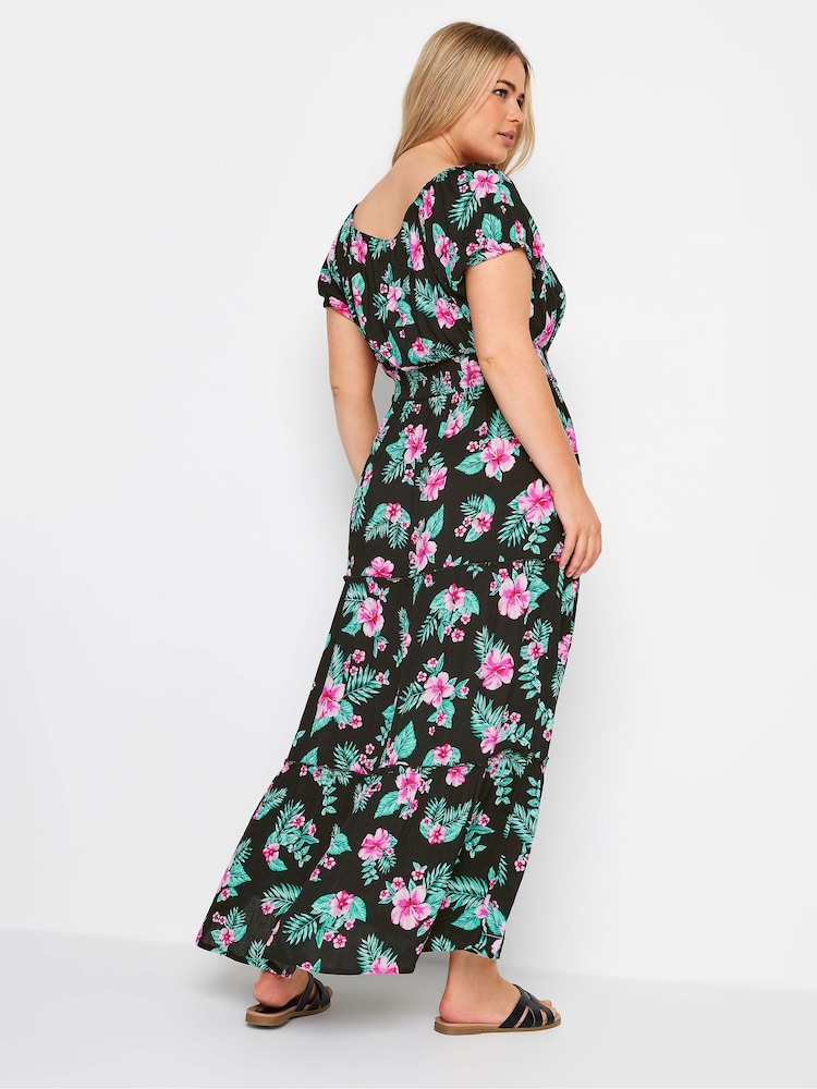 Yours Curve Black Black Floral Tropical Print Bardot Maxi Dress - Image 2 of 5
