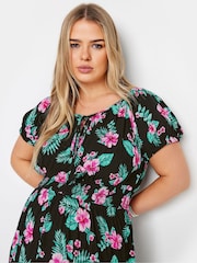 Yours Curve Black Black Floral Tropical Print Bardot Maxi Dress - Image 3 of 5