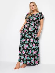 Yours Curve Black Black Floral Tropical Print Bardot Maxi Dress - Image 4 of 5