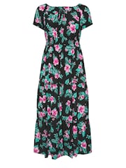 Yours Curve Black Black Floral Tropical Print Bardot Maxi Dress - Image 5 of 5