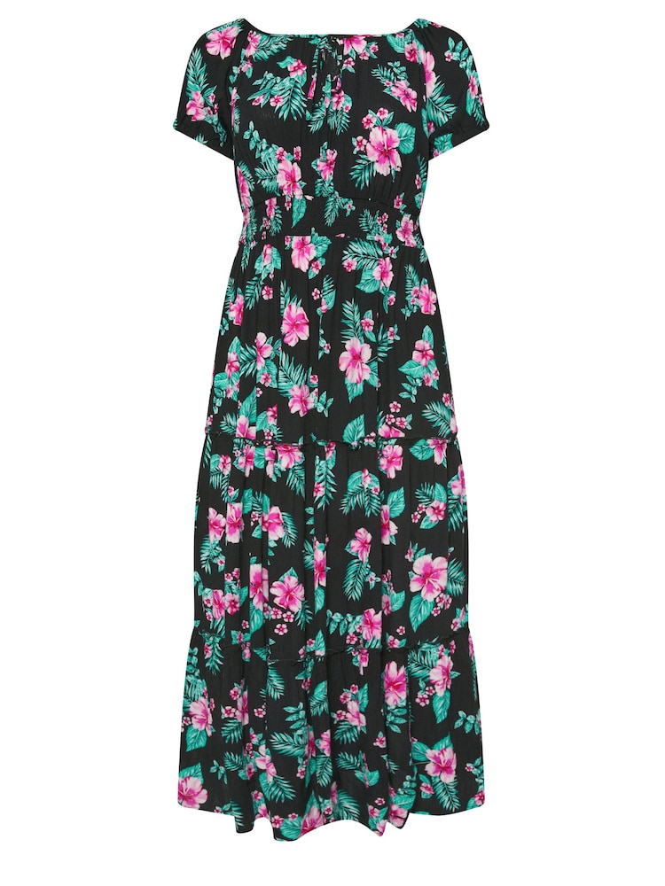 Yours Curve Black Black Floral Tropical Print Bardot Maxi Dress - Image 5 of 5