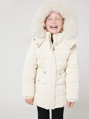 River Island Cream Girls Glam Faux Fur Hooded High Shine Coat - Image 1 of 6