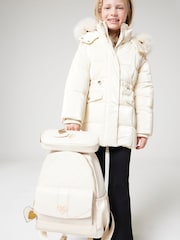 River Island Cream Girls Glam Faux Fur Hooded High Shine Coat - Image 2 of 6