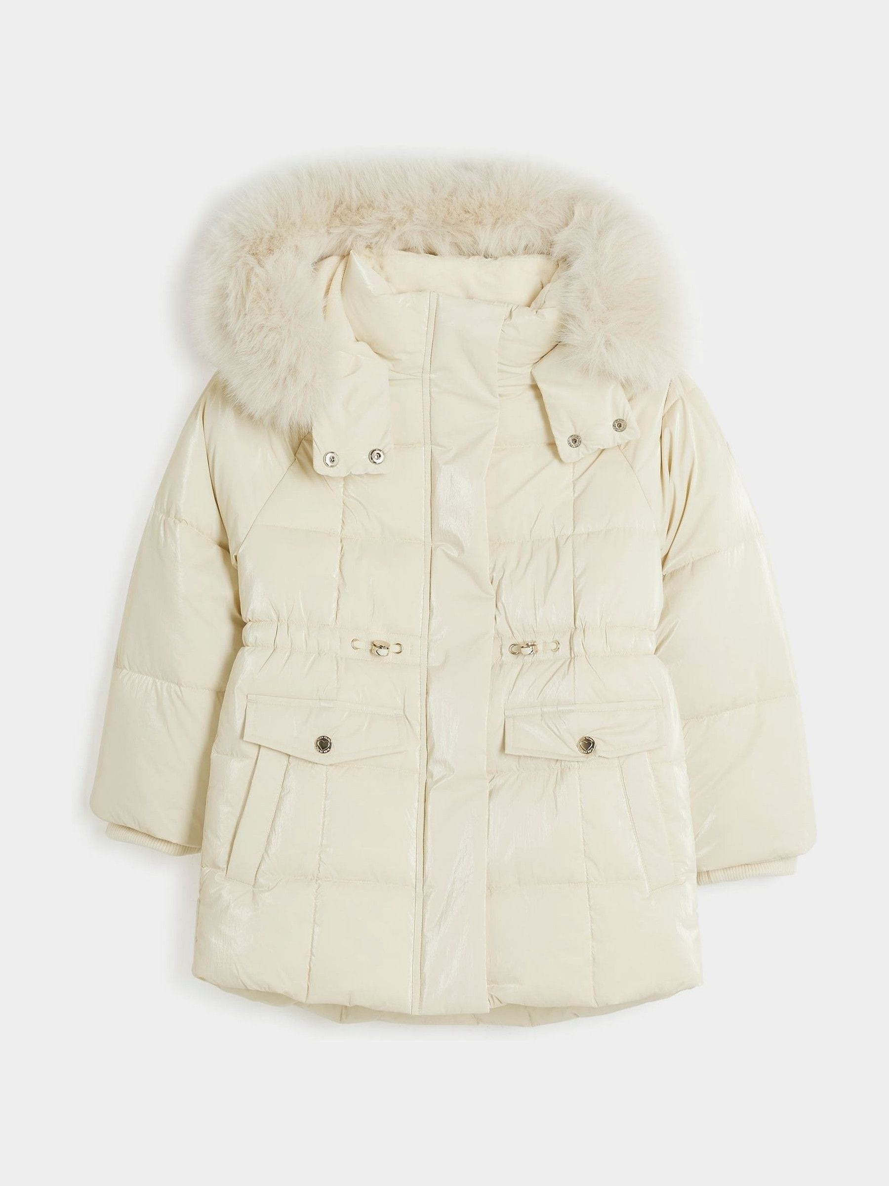 Buy River Island Cream Girls Glam Faux Fur Hooded High Shine Coat from the Next UK online shop