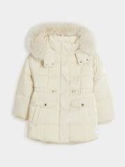 River Island Cream Girls Glam Faux Fur Hooded High Shine Coat - Image 3 of 6