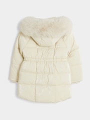 River Island Cream Girls Glam Faux Fur Hooded High Shine Coat - Image 4 of 6
