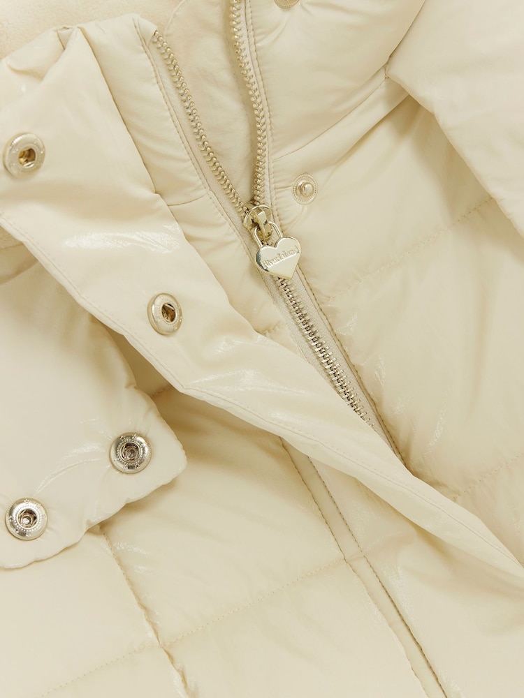 River Island Cream Girls Glam Faux Fur Hooded High Shine Coat - Image 6 of 6