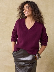 Burgundy Red Seam Detail V-Neck Knitted Jumper - Image 1 of 5
