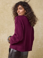 Burgundy Red Seam Detail V-Neck Knitted Jumper - Image 4 of 5