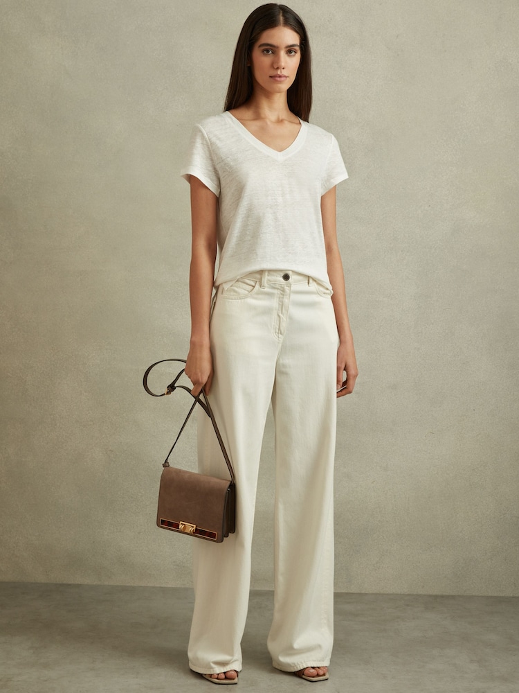 Reiss White Lottie Marled Linen V Neck T-Shirt - Image 1 of 6
