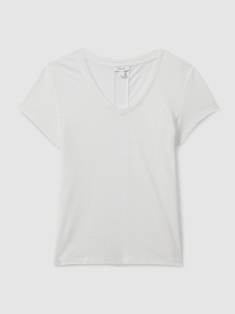 Reiss White Lottie Marled Linen V Neck T-Shirt - Image 2 of 6