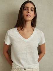 Reiss White Lottie Marled Linen V Neck T-Shirt - Image 3 of 6