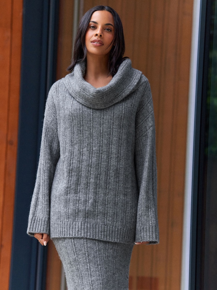 Grey Charcoal Co-ord Bardot Off Shoulder Soft Touch Knitted Jumper - Image 1 of 9