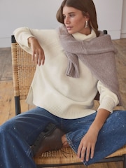 White Ecru 100% Wool Premium High Roll Neck Knitted Jumper - Image 1 of 6