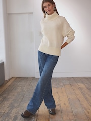 White Ecru 100% Wool Premium High Roll Neck Knitted Jumper - Image 2 of 6