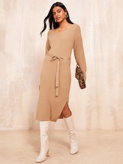 Friends Like These Camel Petite V Neck Belted Midi Dress - Image 1 of 4
