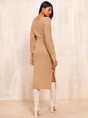 Friends Like These Camel Petite V Neck Belted Midi Dress - Image 4 of 4