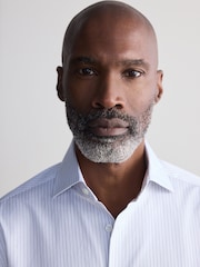 White/Grey Stripe Slim Fit Signature Single Cuff Texture Pima Cotton Shirt With Cutaway Collar - Image 1 of 4