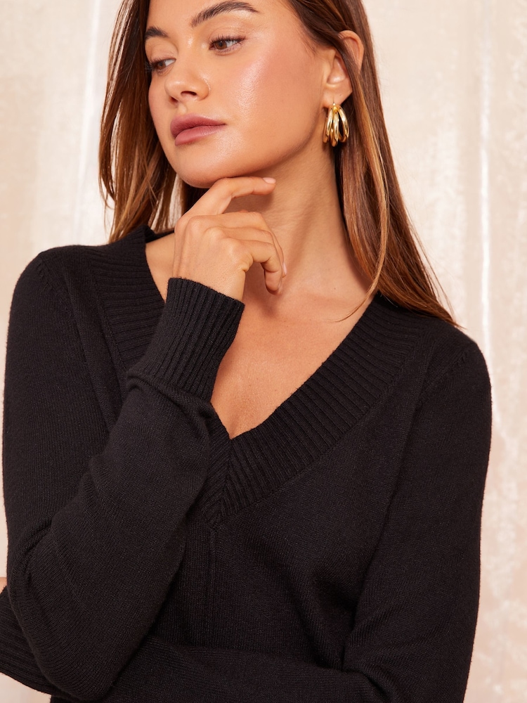 Friends Like These Black Petite Deep V Neck Mini Dress - Image 2 of 4 Friends Like These Black Petite Deep V Neck Mini Dress - Image 2 of 4