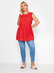 Yours Curve Red 100% Cotton Crinkle Dobby Detail Peplum Top - Image 2 of 5