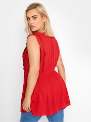 Yours Curve Red 100% Cotton Crinkle Dobby Detail Peplum Top - Image 3 of 5