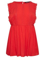Yours Curve Red 100% Cotton Crinkle Dobby Detail Peplum Top - Image 5 of 5