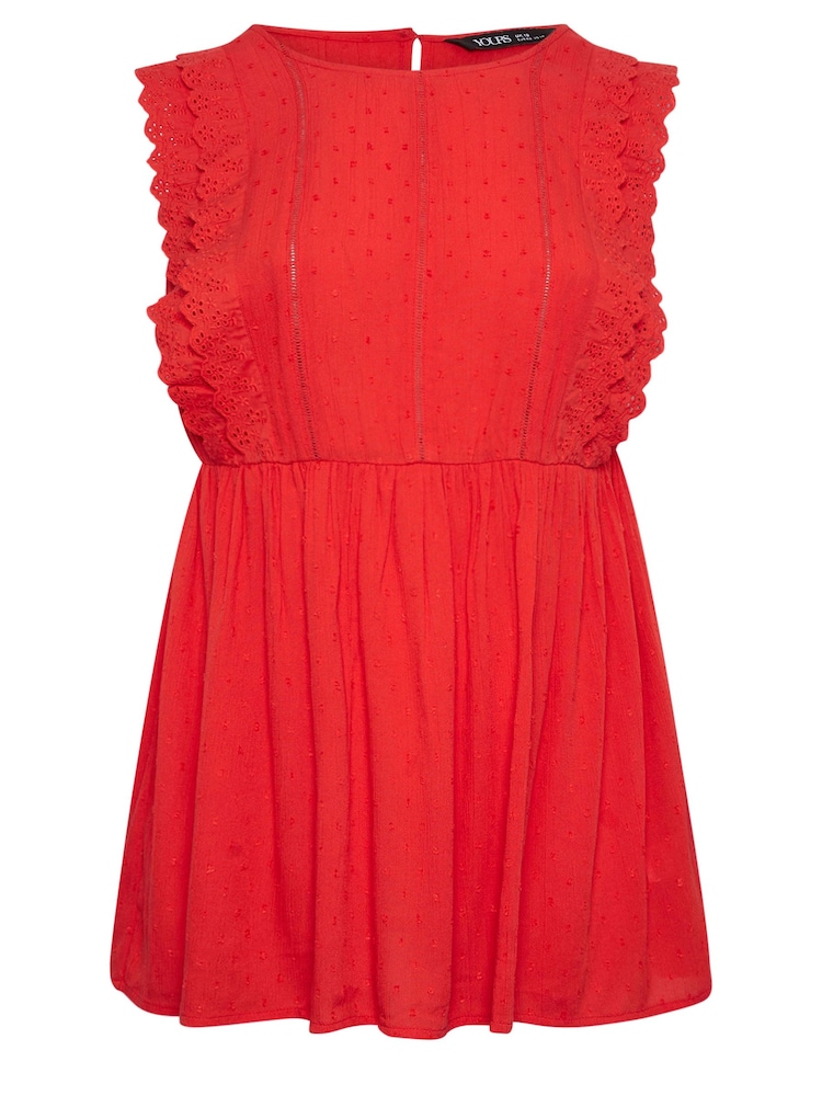 Yours Curve Red 100% Cotton Crinkle Dobby Detail Peplum Top - Image 5 of 5