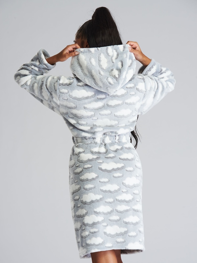 Loungeable Grey Cloud Flannel Fleece Hooded Dressing Gown - Image 2 of 5