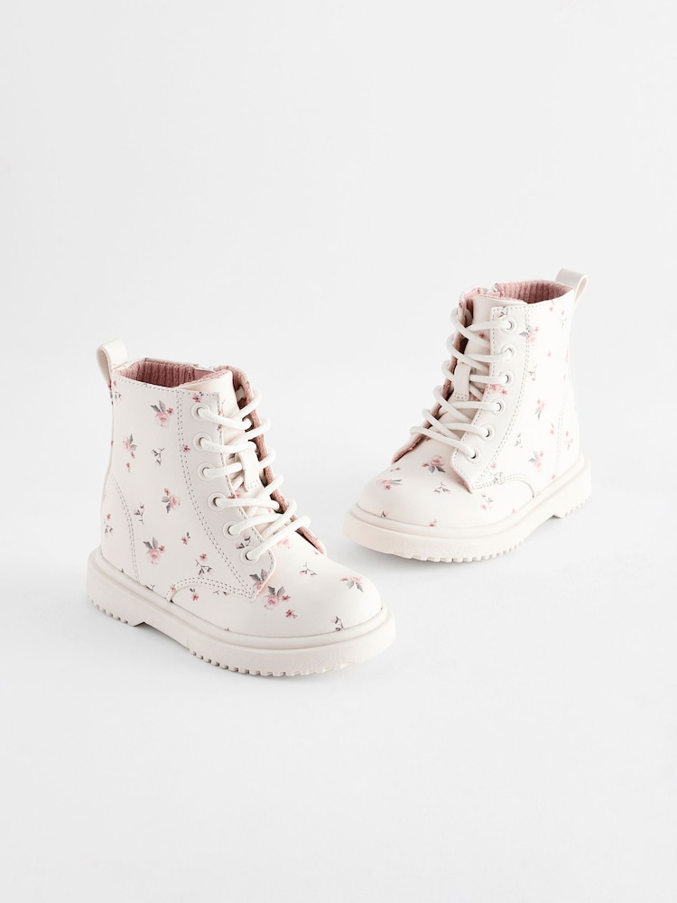 Neutral White Standard Fit (F) Floral Lace Up Ankle Boots - Image 1 of 6