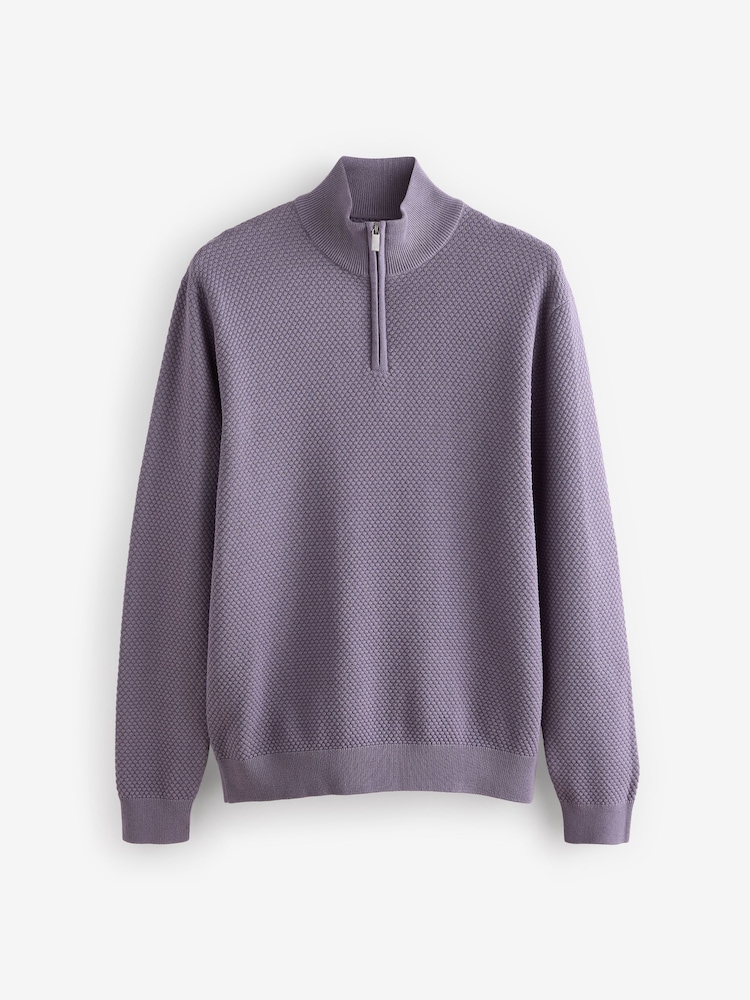 Lilac Purple Texture Regular Fit 100% Cotton Premium Quarter Zip Jumper - Image 8 of 9