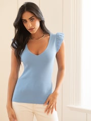 Pour Moi Blue Sara Broderie Frill Sleeve Rib Knit Vest - Image 1 of 4