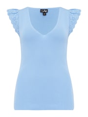 Pour Moi Blue Sara Broderie Frill Sleeve Rib Knit Vest - Image 3 of 4