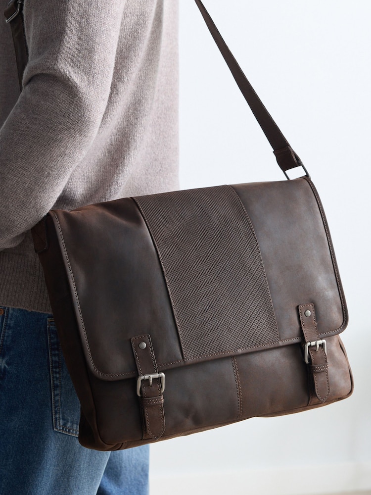 Brown Oily Leather Messenger Bag - Image 1 of 2
