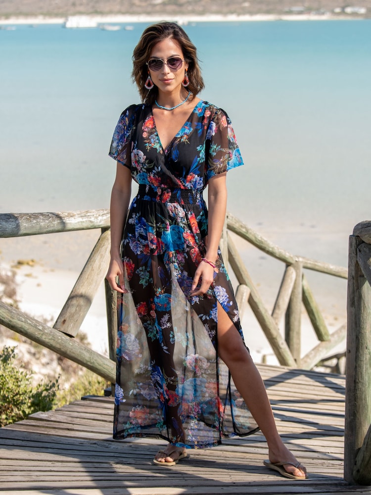 Pour Moi Black Short Sleeve Chiffon Wrap Maxi Kaftan - Image 1 of 4
